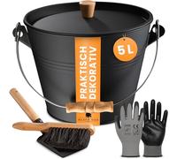 BLACK OAK Seau à cendres PAGO 5 l, noir, avec couvercle avec poignée en bois, balayette, pelle et gants, en acier galvanisé ignifuge et revêtu par pulvérisation, pour cendres, charbon et granulés de
