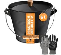 BLACK OAK Seau à cendres PAGO 5L - noir avec couvercle et poignée en bois + gants - 5L grand acier résistant au feu galvanisé et thermolaqué seau pour cendres charbon granulés accessoires cheminée