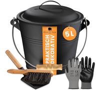 BLACK OAK Seau à cendres PITON de 5 l, noir, avec couvercle avec poignée en bois, balayette, pelle et gants, en acier galvanisé ignifuge et revêtu par pulvérisation, seau à cendres, charbon pellets