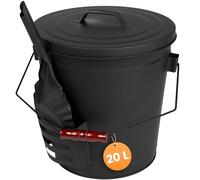 BLACK OAK Seau à cendres Stromboli 20 L - noir avec couvercle et pelle - Poignée noire - grand seau de 20 L en acier résistant au feu galvanisé et thermolaqué - Accessoires pour cendres et charbon