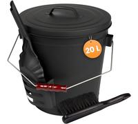 BLACK OAK Seau à cendres Stromboli 20 L - noir avec couvercle, pelle et balai, poignée argentée grande, 20 litres, en acier zingué et thermolaqué résistant au feu, pour cendres et charbon, accessoire