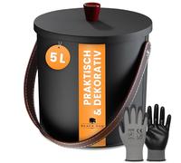 BLACK OAK Seau à cendres TOBA 5 l, noir, avec couvercle, poignée en cuir et gants - Seau de 5 l en acier galvanisé et revêtu par pulvérisation - Pour cendres, charbon, pellets, cheminée, design