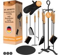 BLACK OAK ST. Moritz Serviteur de cheminée 6 pièces avec gant en cuir - Couverts de four confortables et décoratifs noirs avec manche en bois 6 pièces support + grattoir à cendres, tisonnier et balai
