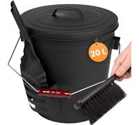 BLACK OAK Stromboli Seau à cendres, 20 l, noir, avec couvercle, pelle et balai, grand, 20 l, en acier galvanisé ignifuge et revêtu par pulvérisation, pour cendres et charbon, accessoires pour