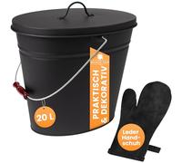 BLACK OAK Vesuvio Seau à cendres, 20 l, avec gant en cuir, noir, ovale avec couvercle, grand modèle, en acier galvanisé ignifuge et revêtu par pulvérisation, pour cendres et charbon, accessoire idéal