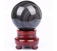 Black Obsidian Crystal Sphere Ball with Rainbow Eye,Feng Shui Ball with Wood Stand Sculpture Figurine for Home Decor Divination Photography,12cm/4.7in