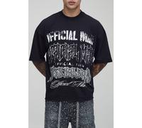 Black Oversized Boxy Washed Official Man Raw Hem Rhinestone Graphic T-Shirt homme - noir - L, noir