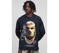 Black Oversized Extended Neck Ski Mask Long Sleeve Printed Washed T-Shirt homme - acid wash black - XS, acid wash black