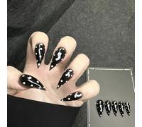 Black Polka Dot Press Claw on Nails Short Stiletto Gothic Punk Style Reusable Thick Acrylic Press on Nails Cat Dragon Eagle Claw False Nail Unique Reusable Glossy Glue on Nail (S)