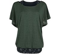 Black Premium by EMP Femme T-Shirt Double Couche Noir et Vert avec imprimé tête de Mort