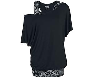 Black Premium by EMP Femme T-Shirt Gris-Noir à Double épaisseur avec Impression tête de Mort