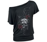 Black Premium by EMP Femme T-Shirt Noir avec Grand imprimé de Roses et tête de Mort sur Le Devant