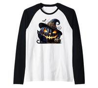 Black Pumpkin Face in Witch Hat with Witchy Halloween Cat Manche Raglan