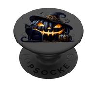 Black Pumpkin Face in Witch Hat with Witchy Halloween Cat PopSockets PopGrip Adhésif