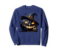 Black Pumpkin Face in Witch Hat with Witchy Halloween Cat Sweatshirt