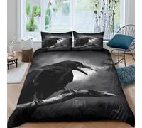 Black_Raven_Crow Parure de Lit Microfibre résistante 3 Pièces 3D Effet Léger Gothic_Art_Style Housse de Couette avec Taie d'oreiller Facile d'entretien for Garçon Single（140x200cm）