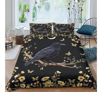 Black_raven_night Linge de Lit Microfibre résistante 3 Pièces 3D Imprimée Facile d'entretien Floral_moon_style Housse de Couette avec Taie d'oreiller Douce for Chambre Adulte Single（140x200cm）