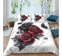 Black-Red-Roses Parure de Lit Microfibre résistante 3 pièces 3D Effet Confortable Gothic-Floral-Art Ensemble De Literie avec Fermeture Éclair Douce for Enfants Garçons Ado King（220x240cm）