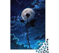 Black Rose Under The Moon Puzzle Adulte 1000 Pièces, 38x26cm/1000pcs; Pièces Blanches avec Peu De Poussière; Défi À Relever Seul Ou À Plusieurs