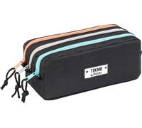 Black School Pencil Case For Children - Made Of Durable 600d Polyester - 3 Compartments, 3 Coloured Zips And Cords - Decorative Patch - Black
