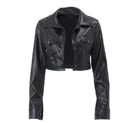 Black Simple Revers Simple Boutonnage Mini Veste courte en cuir synthétique pour femme, Noir , S