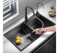 Black Stainless Steel Kitchen Sink - Modern Double Basin Rectangular Design Multifunctional Built-in with Basket Filter & Pull-out Faucet for Easy Cleaning