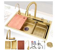 Black Stainless Steel Kitchen Sink with Waterfall Design Top Mount Single Bowl Pull Out Faucet Drain Basket & Glass Cleaner - Modern Gold Finish 70