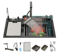 Black Stainless Steel Kitchen Sink with Waterfall Faucet Multifunctional Dual Mode Digital Display Includes Accessories 75 x 45 x 22 cm - Ideal for Modern Kitchens