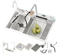 Black Stainless Steel Waterfall Kitchen Sink with Digital Display & Dual Mode Faucet - Multifunctional Sink with Accessories (BS-85x45x22CM) for Modern Kitchens