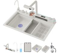 Black Stainless Steel Waterfall Kitchen Sink with Dual Mode Faucet & Digital Display - Multifunctional Sink with Accessories 75x45x22CM Modern Kitchens