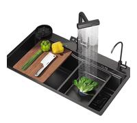 Black Stainless Steel Waterfall Kitchen Sink with Pull-out Faucet Single Bowl Design Complete Accessories 60 x 45 x 22 cm - Modern Stylish & Functional Upgrade for Your Kitchen