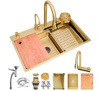 Black Stainless Steel Waterfall Workstation Sink - Multifunctional Top-Mount Bar Sink with Pull-out Faucet Siphon Overflow & Drain Set - Nano Coating Gold Finish