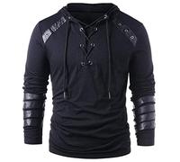 Black Sugar Cordon Lacet Rubans Cuirs Sweat a Capuche Steampunk Hommes Gothique Sweat-Shirt a Manches Longues Veste Haut Top Chevalier Médiéval Pull d'armure (XXL)