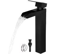 Black Tall Waterfall Bathroom Faucet, Single Hanlde Vessel Sink Faucet with Waterfall Spout, Bathroom Faucets for 1 Hole, RV Lavatory Vanity Mixer Bar Tap with Pop Up Drain and Hoses KMBF015B