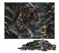 Black Tiger with Orange Stripes in Water Puzzle en Bois, 500 pièces | Puzzle adulte - présent de Noël pour passionné avec activité à partager en famille.