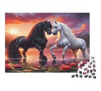 Black White Horse Colourful Horses in Sunset Pond 1000 Pcs Jigsaw Puzzles Adults Brain Development Classic Educational Games 52x38cm/1000pcs