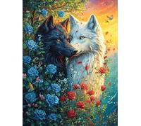 Black Wolf and White Loup dans Le Jardin Fleuri 1000 Pièces Puzzle Débutant en Carton sans Déformation Peinture à l'huile Animaux et Plantes Facile Apprentissage Anti-Stress Passe-Temps Idée Cadeau