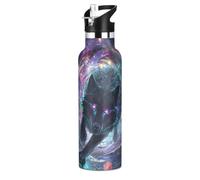 Black Wolf Bouteille d'eau en acier inoxydable avec bouchon de paille isotherme pour garçons et filles, 600 ml