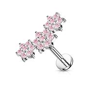 BlackAmazement Clous d'oreilles en acier inoxydable 316L pour labret, tragus, hélix, triple fleur, 6 mm, 8 mm, zircone CZ, or rose, argent, rose, aqua, arc-en-ciel, pour femme, Acier inoxydable