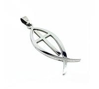 BlackAmazement Collier en acier inoxydable 316L pendentif en cuir Ichthys poisson eucharistique symbole chrétien croix Jésus argent femme homme, Acier inoxydable