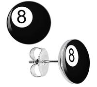 BlackAmazement Lot de 2 boucles d'oreilles en acier inoxydable 316L billard billard de piscine numéro 8 huit boules de billard noir 8 mm 10 mm noir argenté pour homme et femme, 10mm, Acier inoxydable