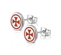 BlackAmazement Lot de 2 paires de boucles d'oreilles en acier inoxydable 316L - Ordre des templiers - Croix de pattes de fer - Rouge - Pour homme et femme