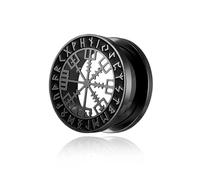 BlackAmazement - Plug d'oreille en acier inoxydable 316L - Tunnel Flesh - Symbole viking Vegvísir Aegishjalmur Aegishjalmr - Casque de terreur - Cercle de runes - Noir et argent - Pour homme - Motard