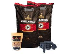 BlackSellig Steakhouse Charbon de bois Quebracho Blanco de qualité supérieure - Longue durée de combustion - Chaleur élevée - Faible dégagement de fumée (20 kg + 360 g de copeaux de fumoir)