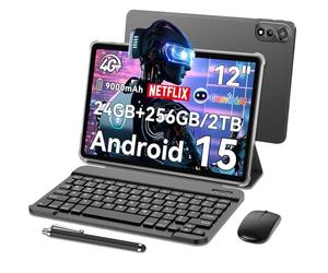 Blackview Mega2 12 Pouces Tablette avec Clavier, Android 15 Tablette 2K FHD+, 24Go RAM 256Go ROM, 4G LTE 5G WiFi, Gemini AI, 9000mAh/16MP+8MP/Widevine L1/Face ID/GPS