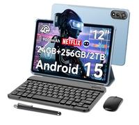 Blackview Mega2 Tablette 12 Pouces Android 15, 2K FHD Tablette 24Go RAM 256Go ROM, 4G LTE 5G WiFi Tablette de Jeu avec Souris et Clavier, 9000mAh/16MP+8MP/Widevine L1/Face ID/GPS