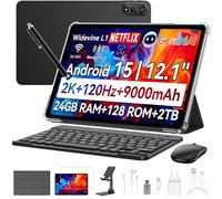 Blackview Mega2 Tablette Android 15 12" 24 Go de RAM + 128 Go de ROM, 120 Hz 2K FHD Tablette de jeu avec clavier souris stylet casque, 4G LTE + 5G WiFi, 9000 mAh, WideVine L1, double caméra, Face ID