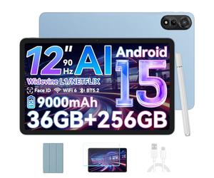 Blackview Mega2 WiFi Tablette 12 Pouces Android 15, 90Hz 2K Tablette Gaming, 36Go RAM + 256Go ROM/2TB TF, Octa-Core 2.0GHz, 9000mAh, WiFi 6, 16MP + 8MP/Bluetooth 5.2/Widevine L1/GMS/Stylet/Coque
