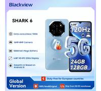Blackview SHARK 6 AI Smartphone Android 15 Unisoc T8100 5G téléphone portable 6.88 ''affichage 120Hz, 8 + 16GB RAM, 128GB + 2TB ROM, 5000mAh Glacier Blue