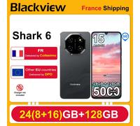 Blackview Smartphone Shark 6 [Pas de chargeur UE] Android 15 5000mAh 24(8+16)GB+128GB 120Hz 16MP+8MP 6,88"HD+ IPS 18W NFC/GPS noir